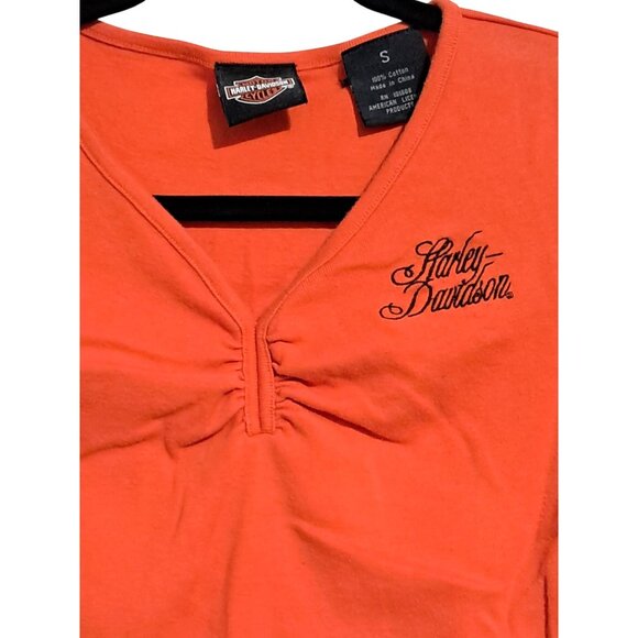 Vintage Y2K Harley Davidson Orange Long Sleeve Top Womens Small Ruched V-Neck 20 - Picture 5 of 6